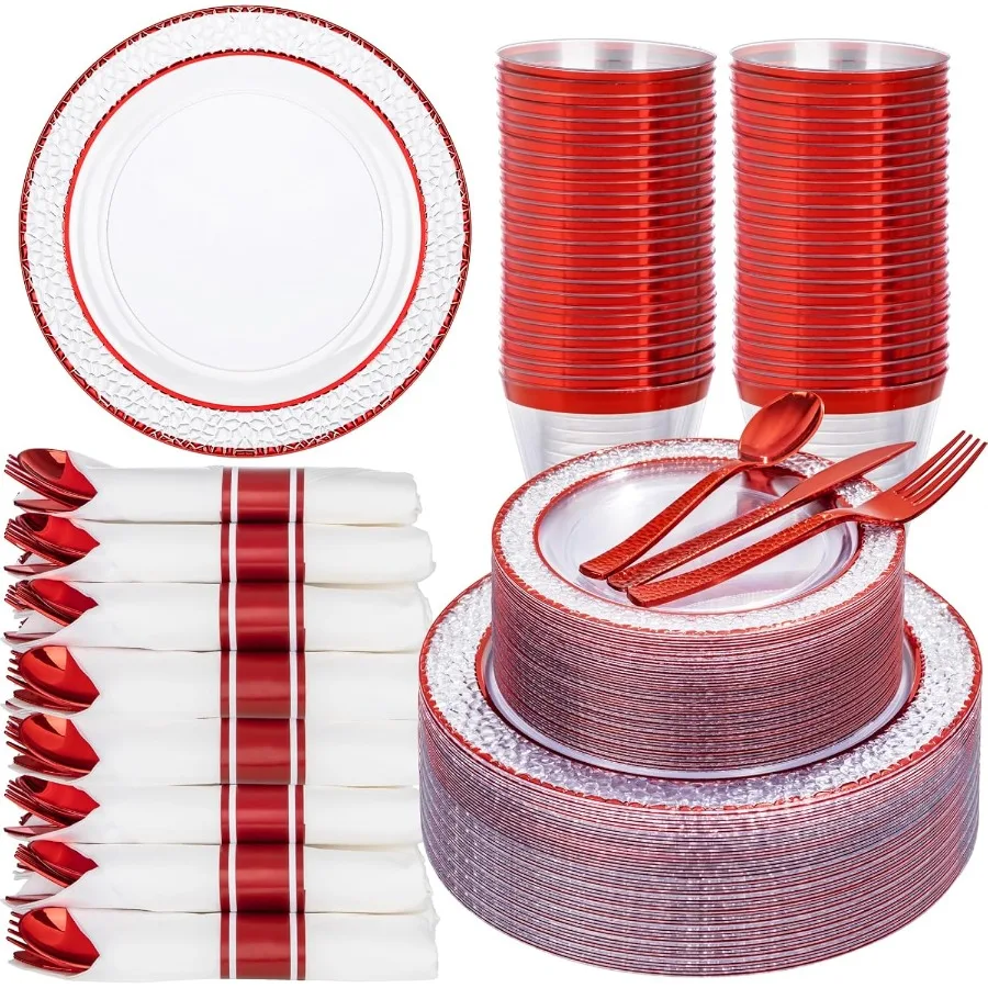 

350 PCS Clear and Red Plastic Plates Red Dinnerware Set for 50 Guests Include 100 Plastic Plates 50 Pre Rolled Napkins with Cut