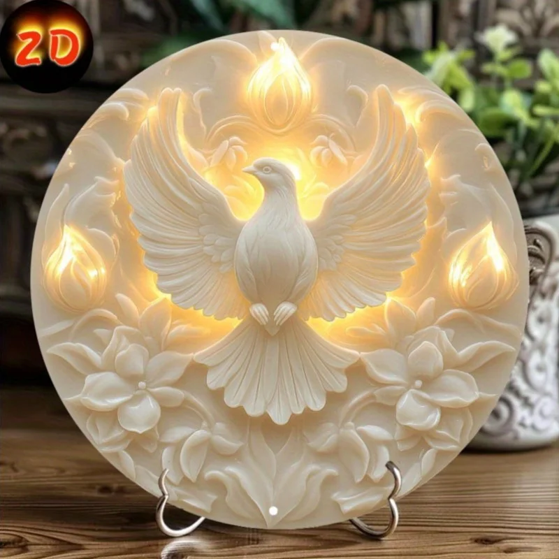 2D Flat - 1pc 2D Flat Printed Metal Sign, Circular Design of Holy Dove, Measuring 8X8 Inches. This Odorless Wall Art Is Suitable