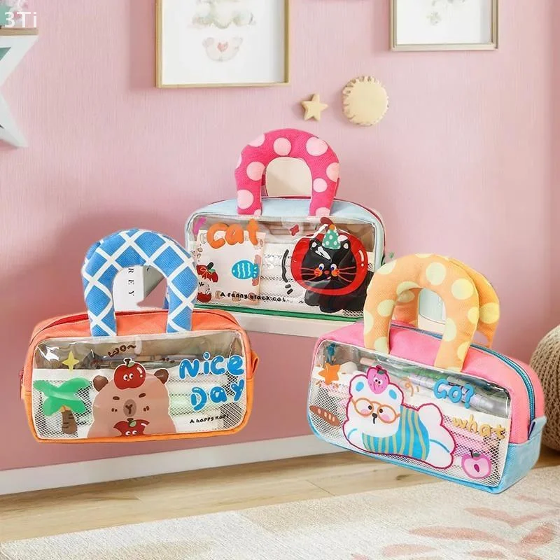 مقلمة ذات سعة كبيرة مع مقابض، حقيبة ظهر صغيرة للأطفال لتنظيم مقصورة المدرسة، رسوم متحركة لطيفة