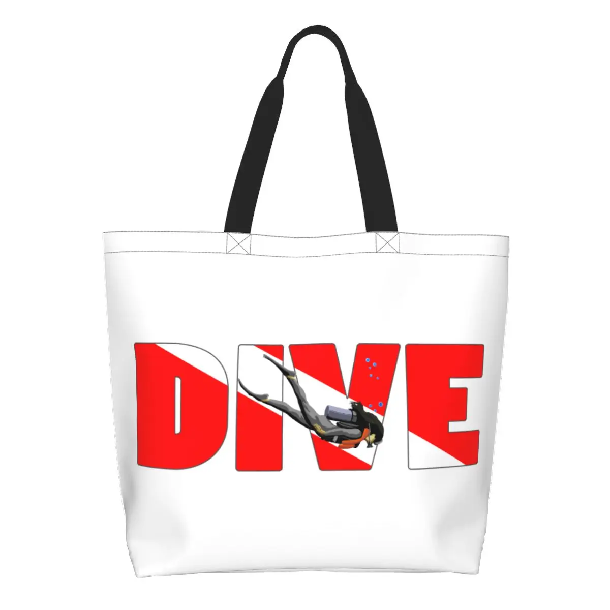 

Custom Scuba Dive Flag And Diver Grocery Tote Shopping Bag Diving Lover Canvas Shopper Shoulder Bag Large Capacity Handbag