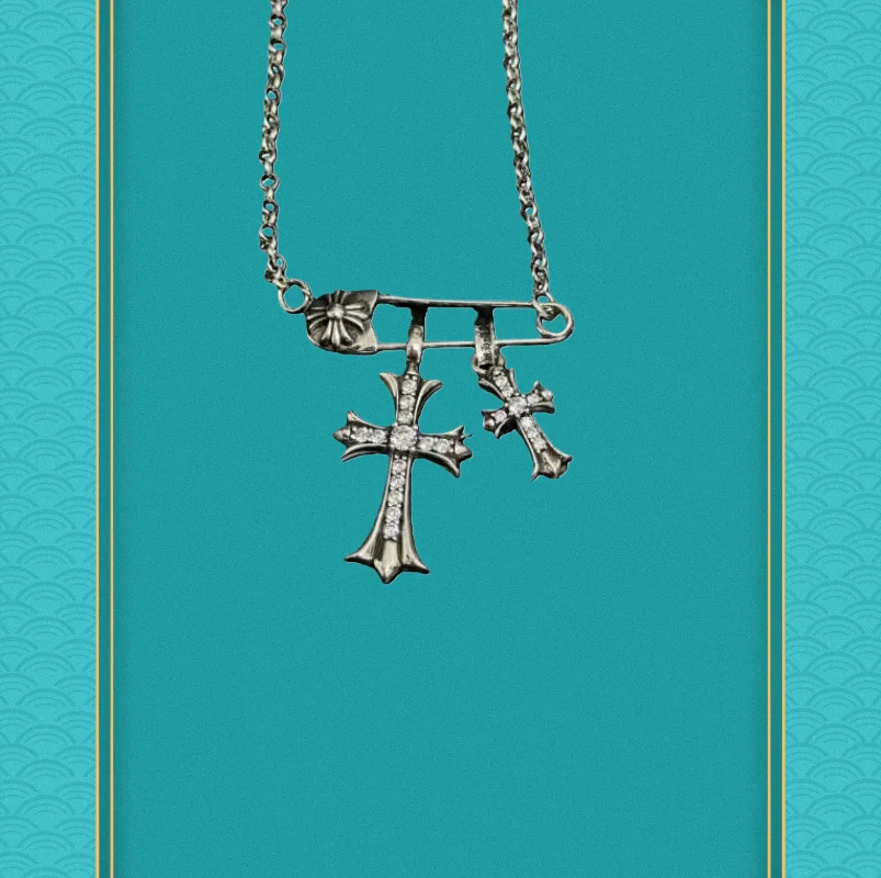 

Silver-Tone Safety Pin Double Cross Necklace with Crystal Accents