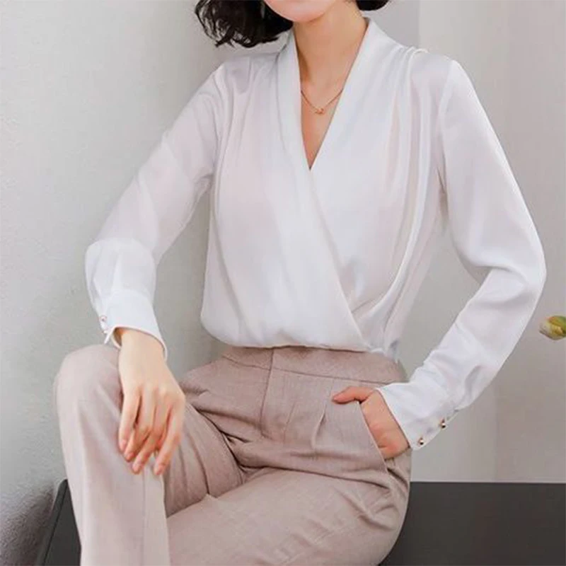 Spring Autumn Office Lady Elegant Fashion Cross V-neck Satin Shirt Female Solid Color All-match Long Sleeve Blouse Women\'s Top