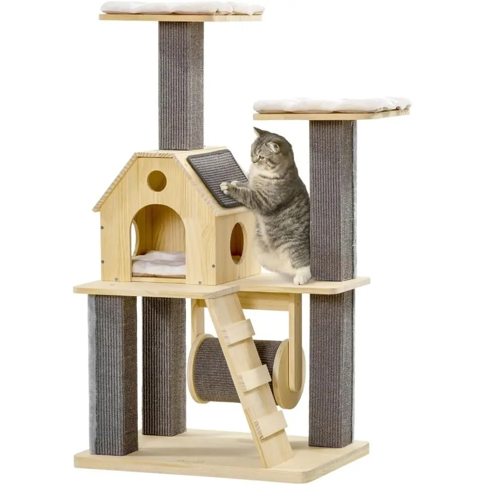 

Indoor Cat Tree with Pillow Perches, Spinning Toy, and Natural Scratching Posts, Ladder, and Condo