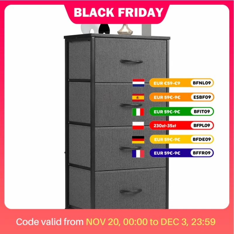 JHK Dresser For Bedroom With 4 Fabric Drawers Nightstand Wardrobe Steel Frame Closet For Clothes Storage Cabinet Of Furniture