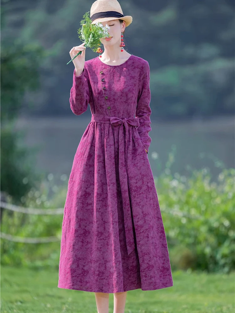 NYFS 2024 Autumn New Woman Dress Vestidos Robe Ete Femme Elbise Loose Jacquard Cotton Linen long Sleeve Vintage Long Dresses