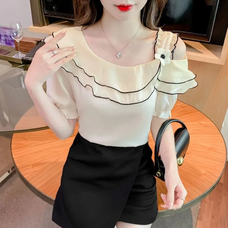 2024 Summer Off Shoulder Patchwork Ruffles Slash Neck Tie Flowers Short Sleeve Pullover Shirt Women\'s Loose Chic Chiffon Blouses