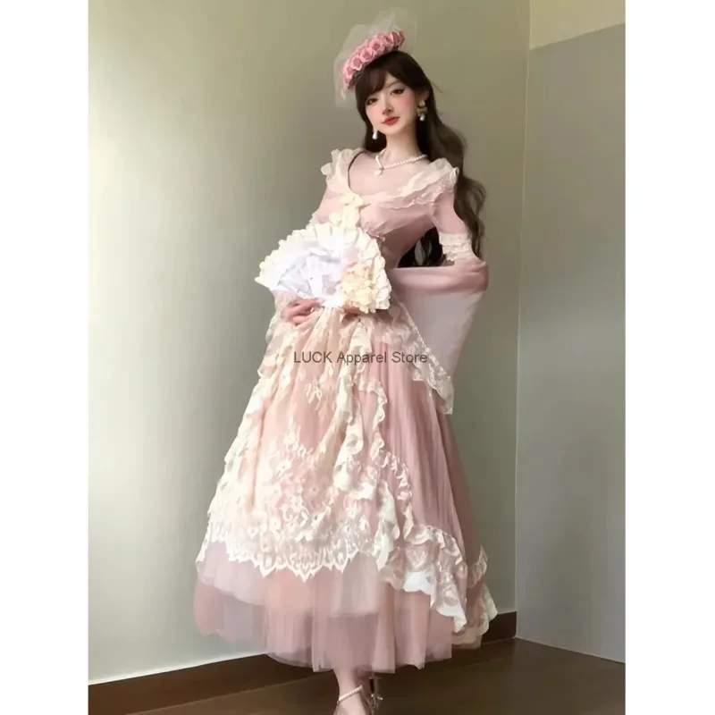 

French Dress New Women's Spring And Autumn Haute Couture Temperament Heavy Industry Lace Fishbone Skirt Waist Length Long