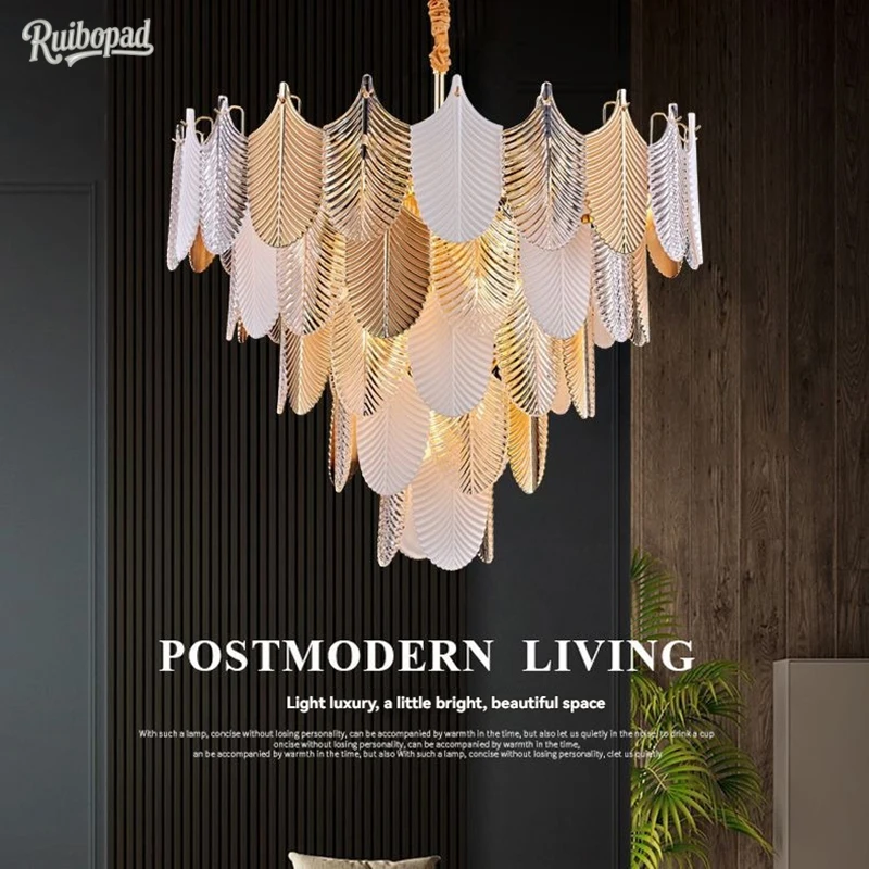 Modern Feather-Shaped Chandelier, Gold & White LED Pendant Light, Living Room Bedroom Lighting, Contemporary Home Decor