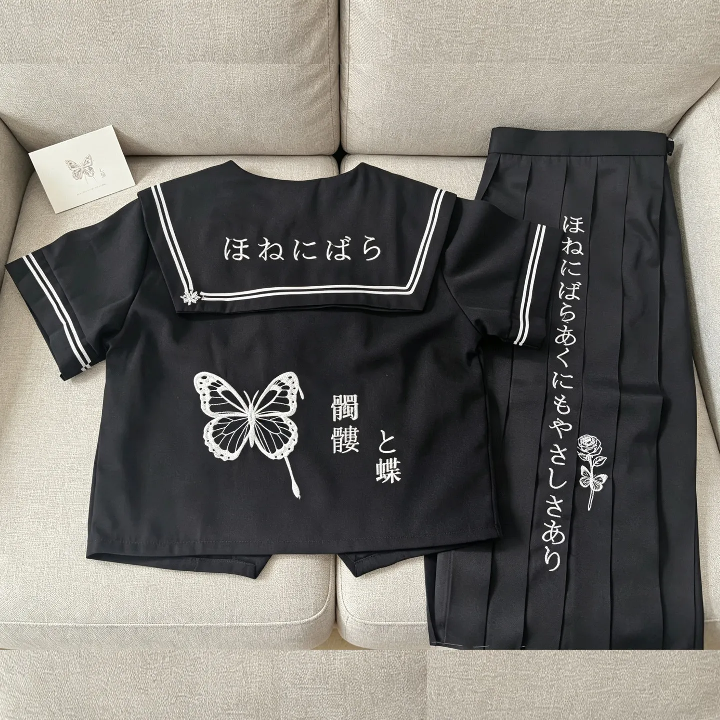 日本の蝶プリント-jk-制服ギャルスリーブ黒白セーラースーツ韓国日本学校制服セット女性ロングドレス