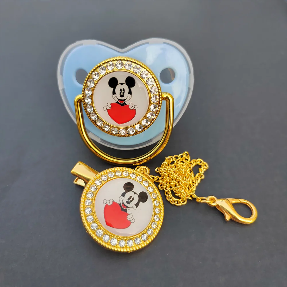 Mickey Minnie Mouse Daisy Duck Baby Dummy and Clips Luxury Silver Gold Orthodontic Baby Pacifier Toddler Infant Baby Pacifiers