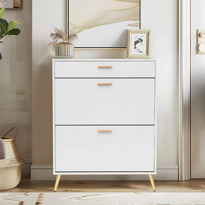 Shoe Cabinet with 2 Flip Drawers, White Freestanding Storage Racks for Entryway Hidden Narrow Shoe Organizers Perfect