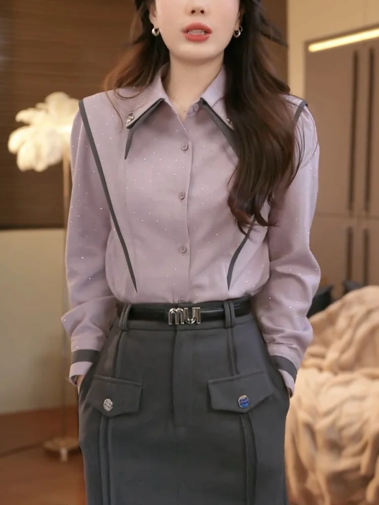 

Spring New Style Color Block Design Korean Retro Intellectual High-End Shirt plus Size Fashion Top Trendy Long Sleeve Busines...