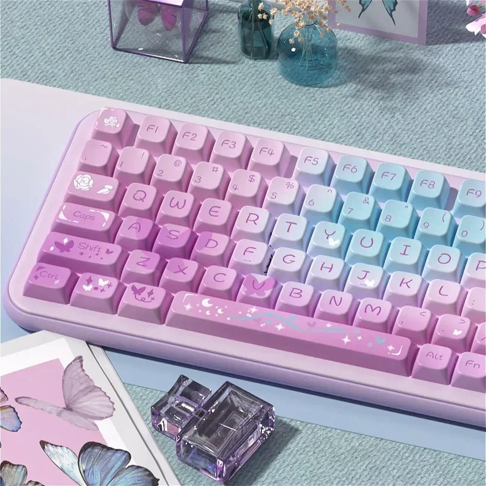 Purple Butterfly Theme MDA Keycaps PBT Personalized Custom Heat Sublimation for 60/84/98/108 Mechanical Keyboards