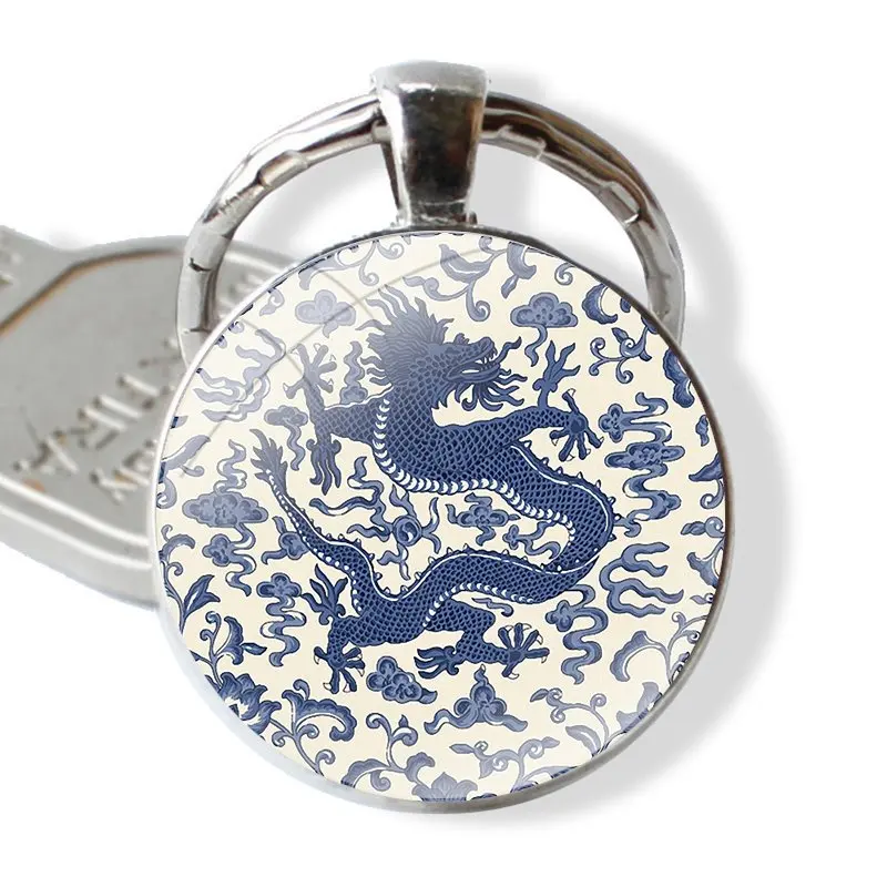 Keychain Handmade Glass Cabochon Key Ring Holder Pendant Key Chains Vintage Oriental Chinoiserie Peacock Chien Dragon