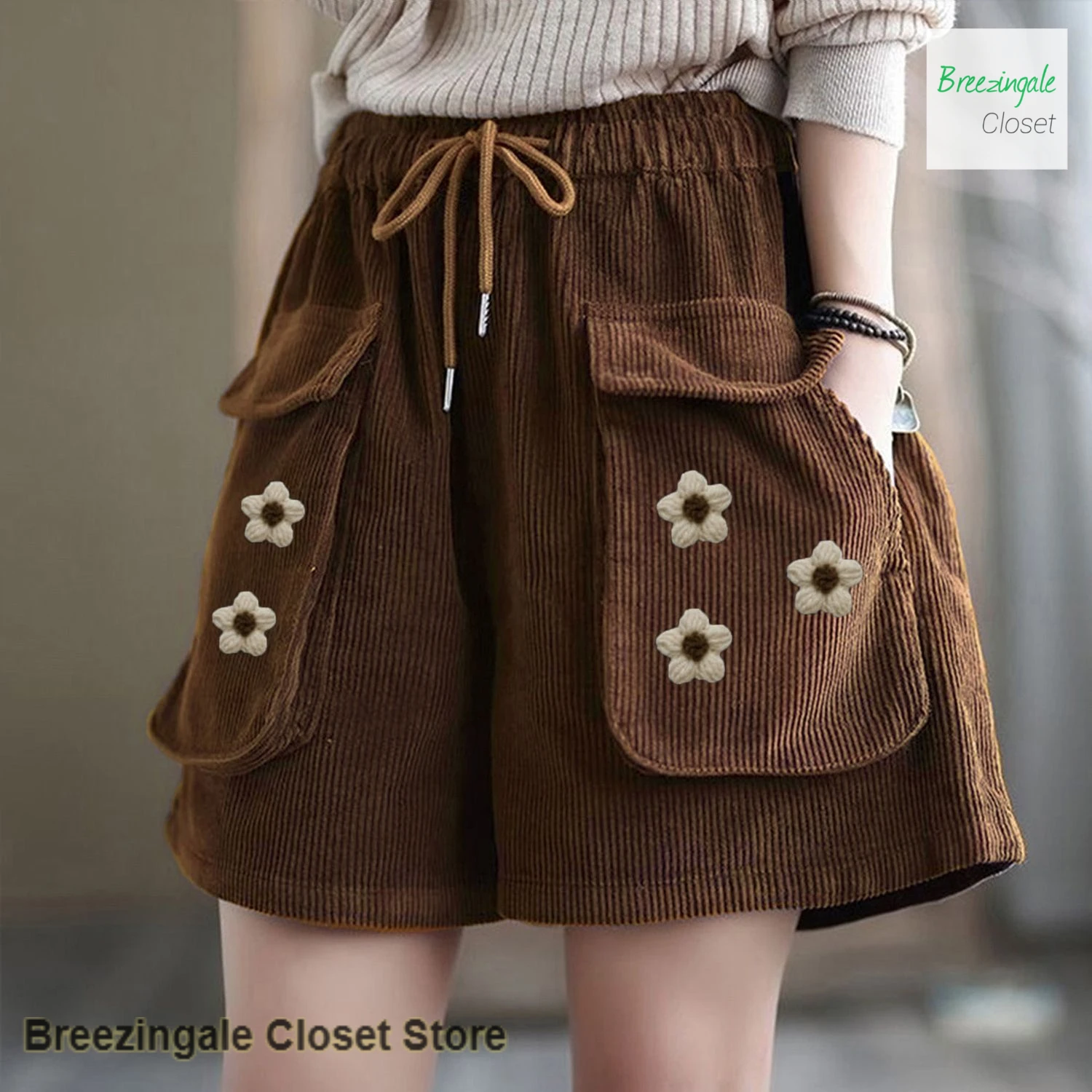 French extra-large corduroy shorts women's autumn and winter new loose Chinese style pocket crochet Joker casual wide legs.