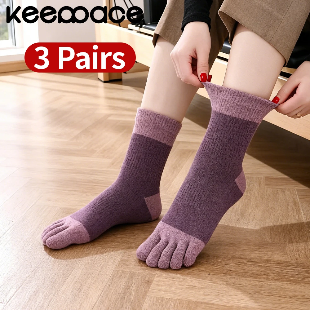 Keeppace 3 pairs five-finger socks women's strappy cotton pure color sweat-absorbing soft durable toe socks Pilates