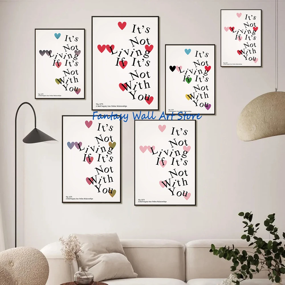 Póster de Música Indie Rock Inspirado en 1975, Póster de Música con la Frase "It's Not Living If It's Not with You", Pintura en Lienzo, Decoración de Pared