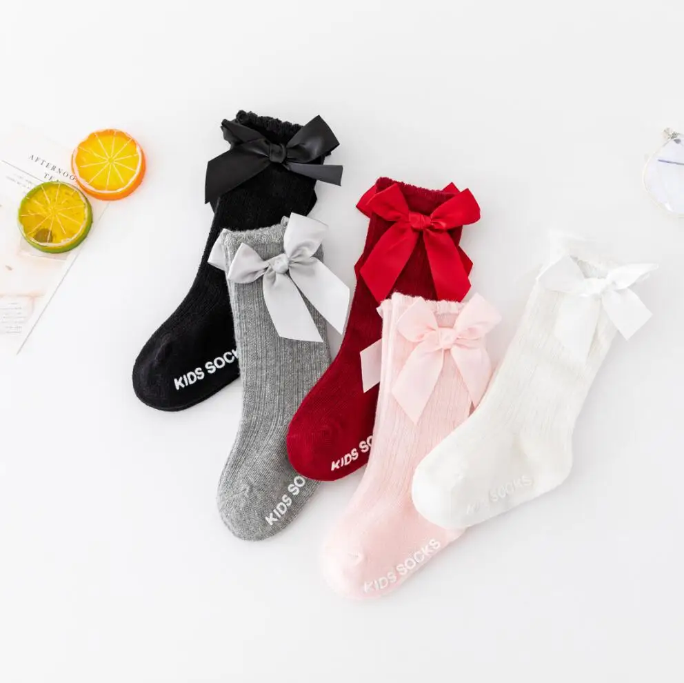 New Solid Color Striped Long Tube Socks for Boys and Girls Pure Cotton Anti Slip Bubble Mouth Baby Bow Middle Tube Socks