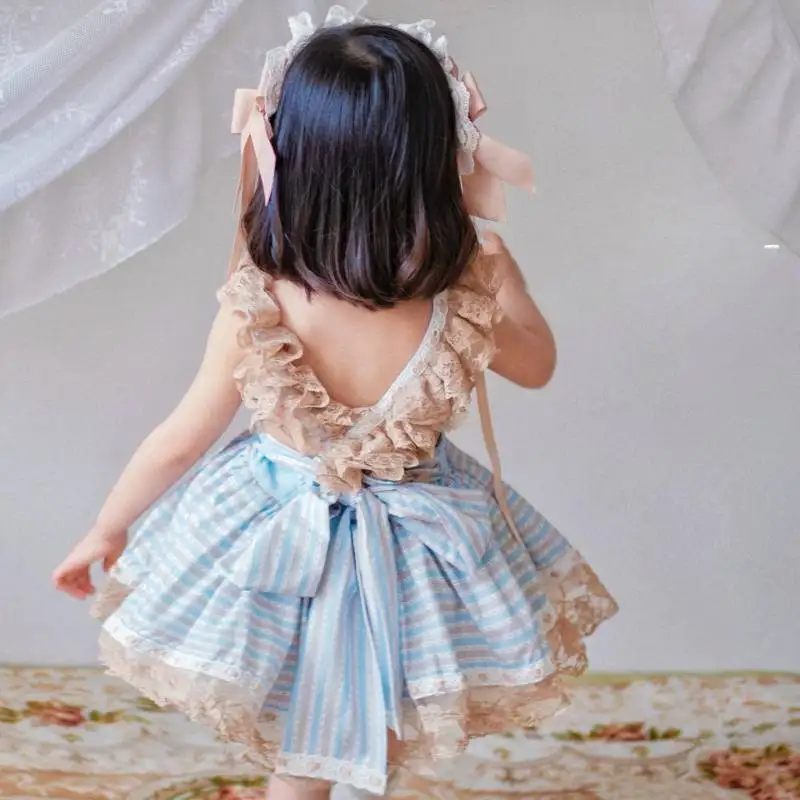 Vintage Blumenmuster Kinder Lolita Kleid 3-teiliges Set Baby Mädchen Grünes Spitzen-Trägerkleid Prinzessin Geburtstag Party Fotoshooting Outfit – Detail 6