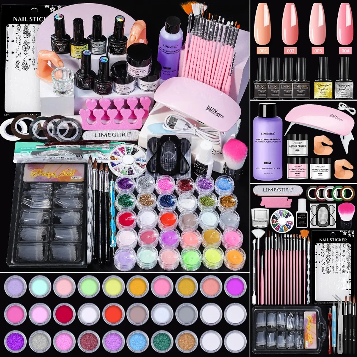 Acryl Nagel Kit Set Acryl Pulver Kit mit Nagel lampe Acryl Nagel kleber Glitter Pulver Nagels pitzen Nail Art Tool Kit