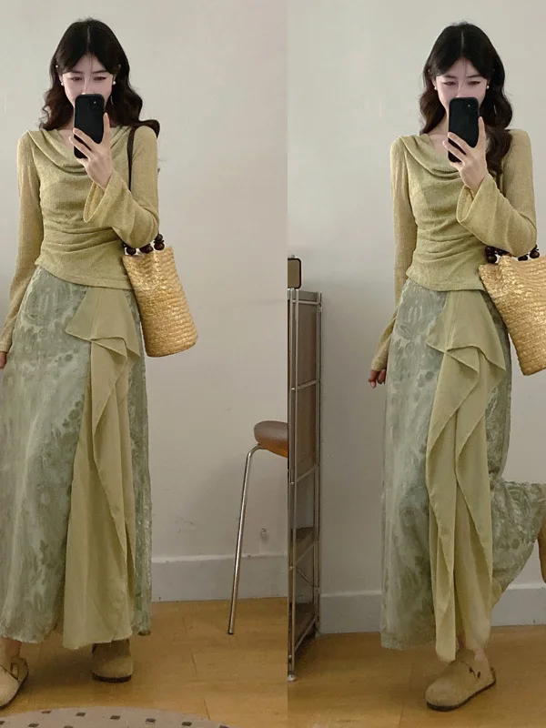 

Fashionable plus Size Loose Fit Two Piece Set Elegant Gentle Wind Bell Collar Top Half Length Skirt Slimming Zen Style Women'...