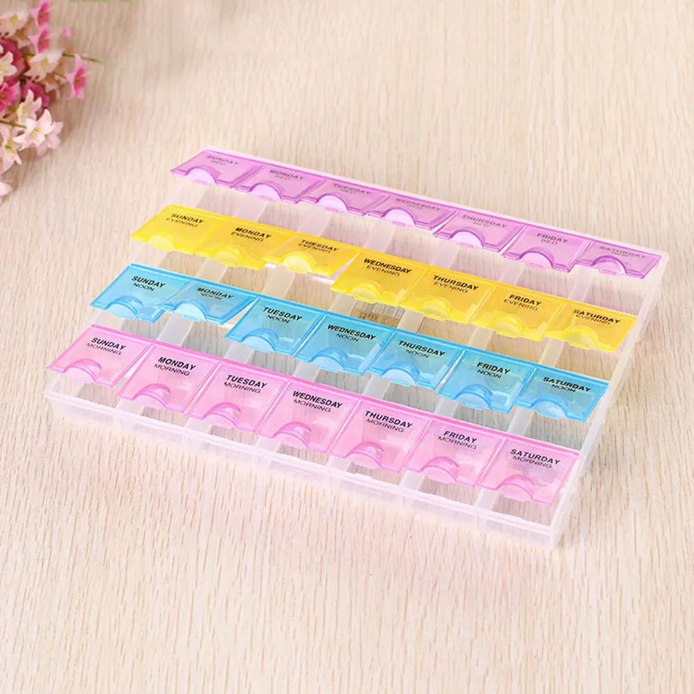 Weekly Pill Box 7 Days Organizer 28 Compartments 4X Daily Dosing Labeled Noon Night Backup Strong Plastic Lid
