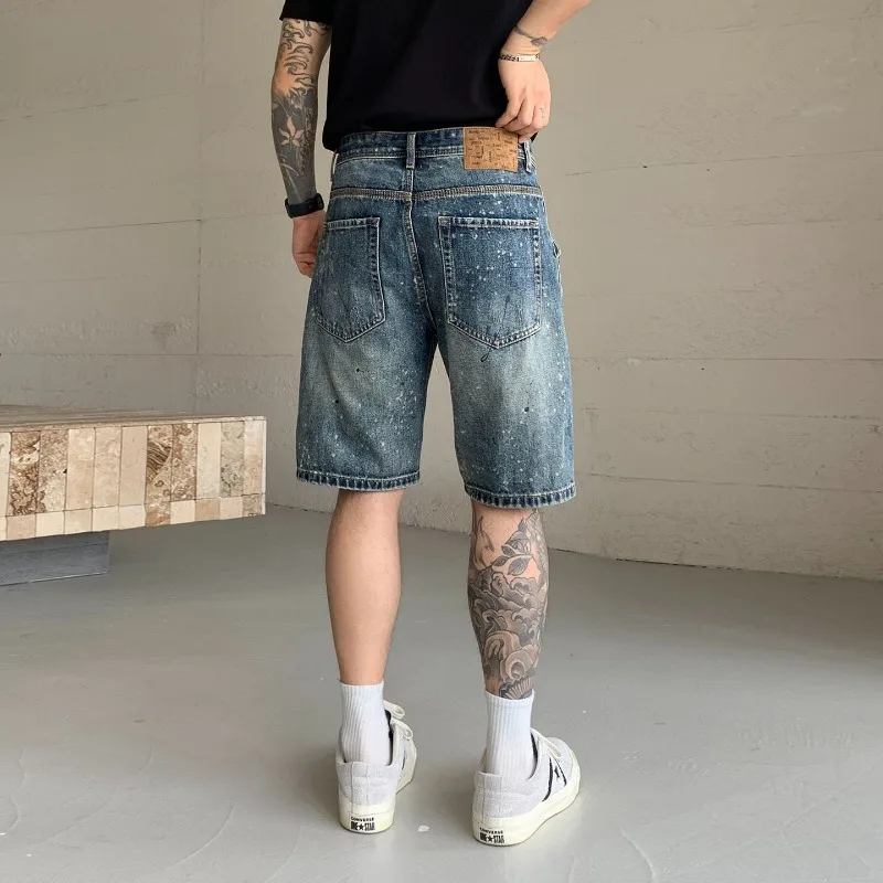 Retro Popular Summer Blue Old Ripped Denim Short Pants Men's Trend High Waist High Street American Versatile Five-point Pants
