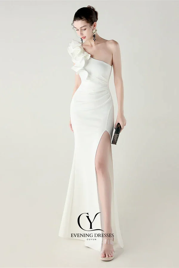 CUYUN مخصص تكدرت الأزهار واحد الكتف الساتان حزب فساتين الجانب عالية الشق مثير ثوب مسائي شبه حورية البحر فستان حفلات #5