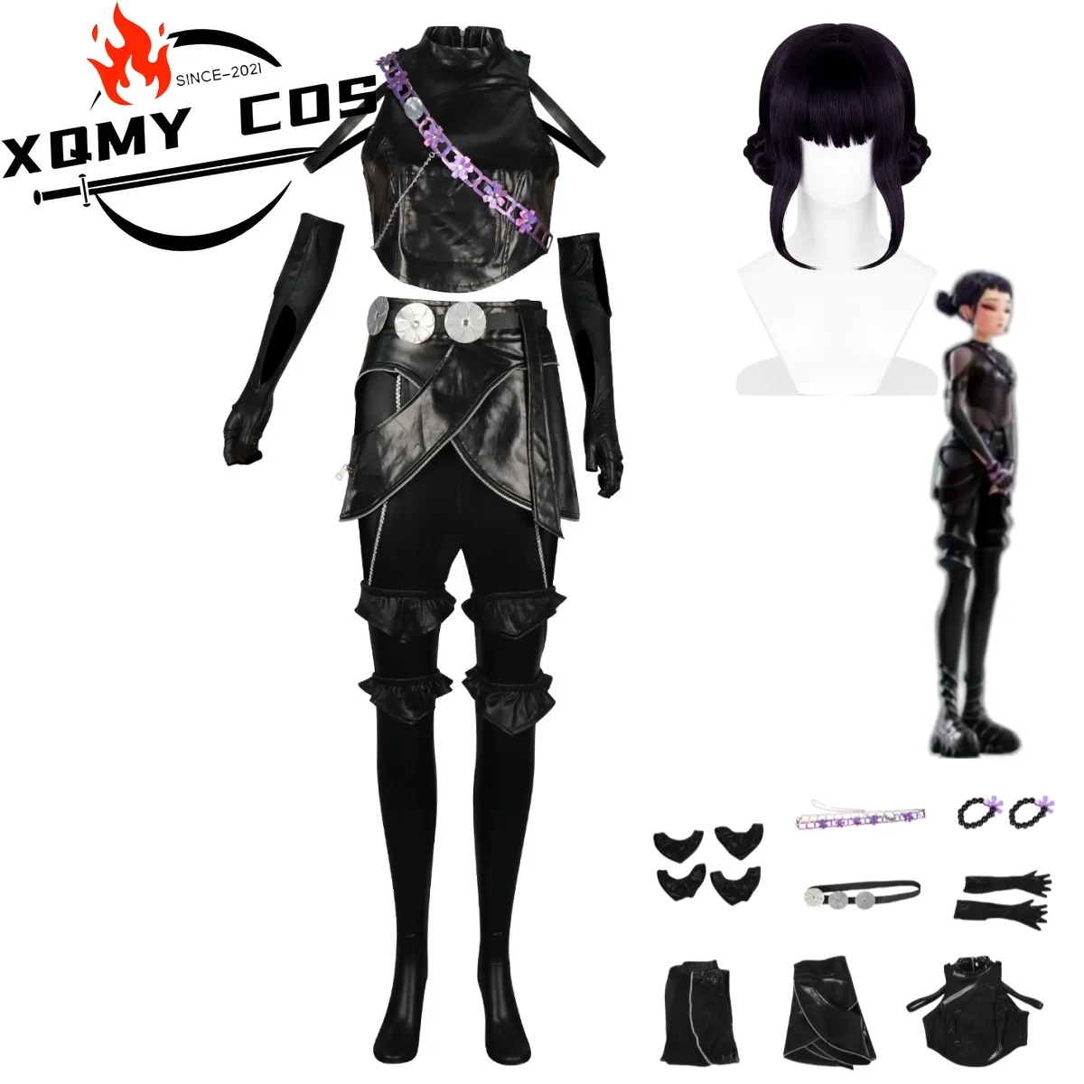 

XQAnime Movies KPop Demon Hunters Zoey Cosplay Costume Black PU Coat Uniform Full Set Wig Woman Sexy Carnival Halloween Suit