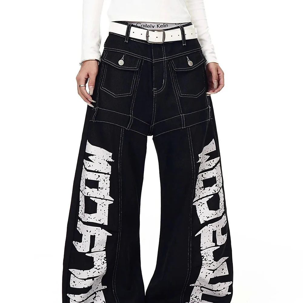 2025 Winter New Men's Letter Print Wide-Leg Jeans American Retro Fashion Trend Street Hip Hop Casual Loose Men's Bottoms