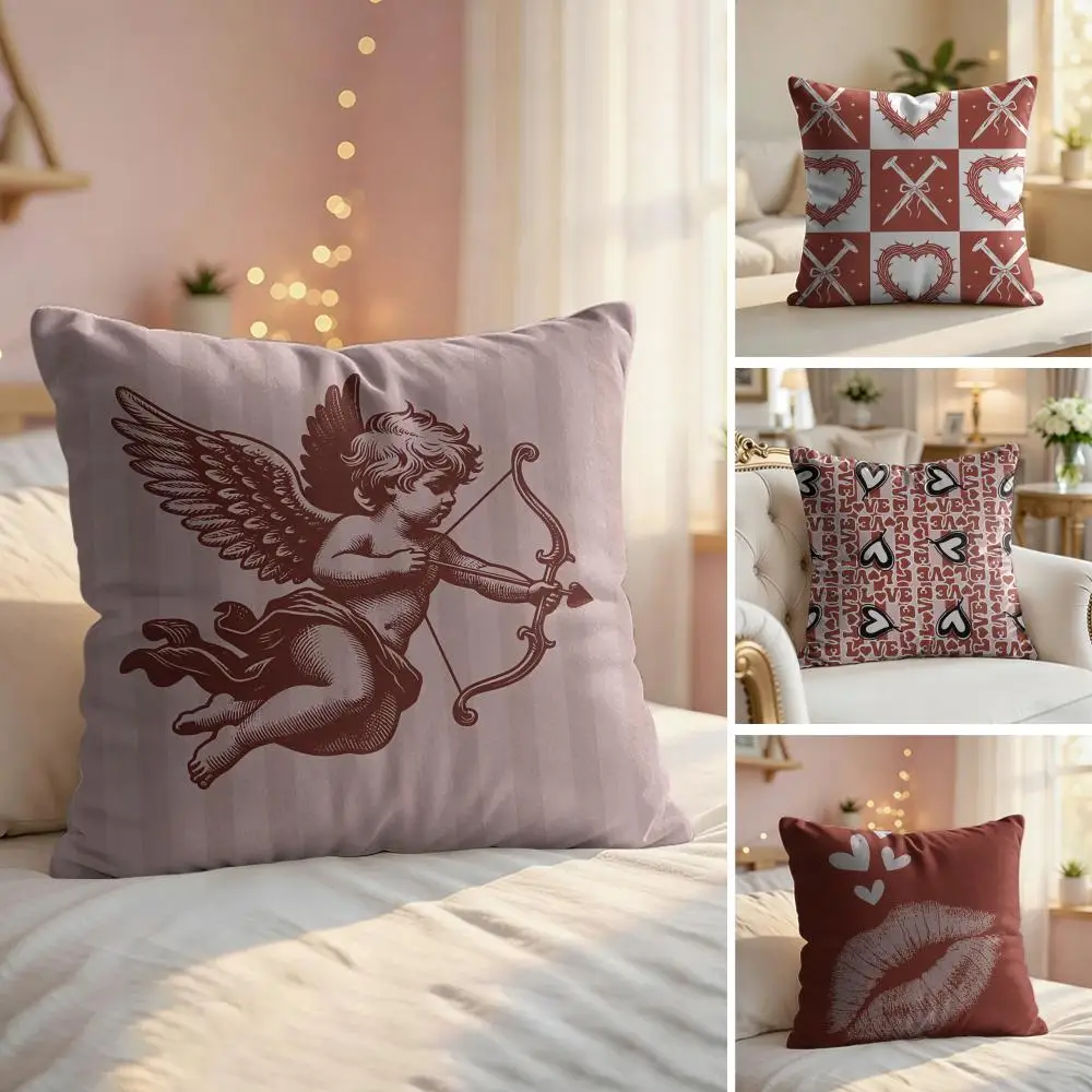 Happy Valentine's Day Heart Cushion Cover Soft Short Plush Pillow Cover Smooth Cozy Texture Aesthetic Cushion Case Home Decor
