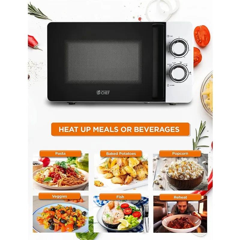 White Microwave Oven 0.7 Cubic Feet with Rotary Switch Knob, Small Microwave Oven Turntable with Handle