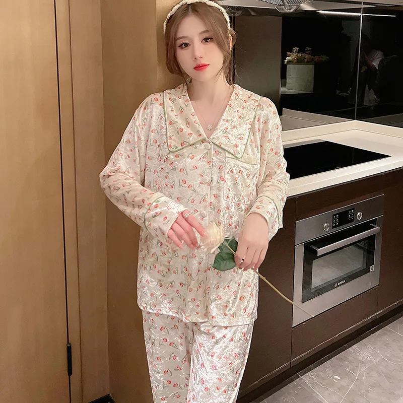 Sweet Cute Print Strawberry Sleepwear Trouser Suit Loose Women Home Clothes Lounge Wear New Autumn Winter Velvet Pajamas Set