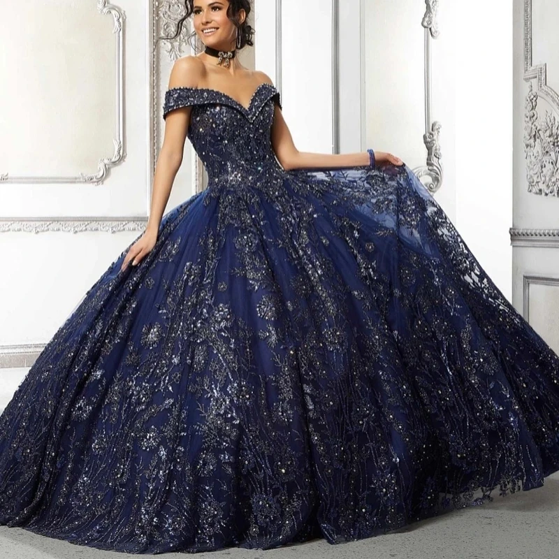 Navy Blue Shiny Princess Quinceanera Dresses Off the Shoulder Ball Gown Sweet 16Dress Beads Appliques Lace Beads 15th Party Gown