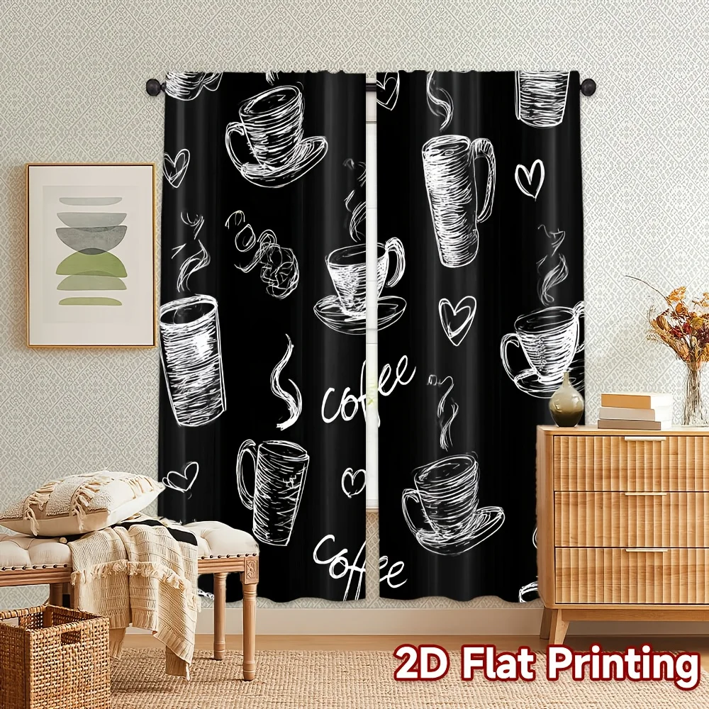 Coffee Cup Size Guide Curtains 2D Flat Print Drape for Kitchen Dining Room Window Treatment Home Decor