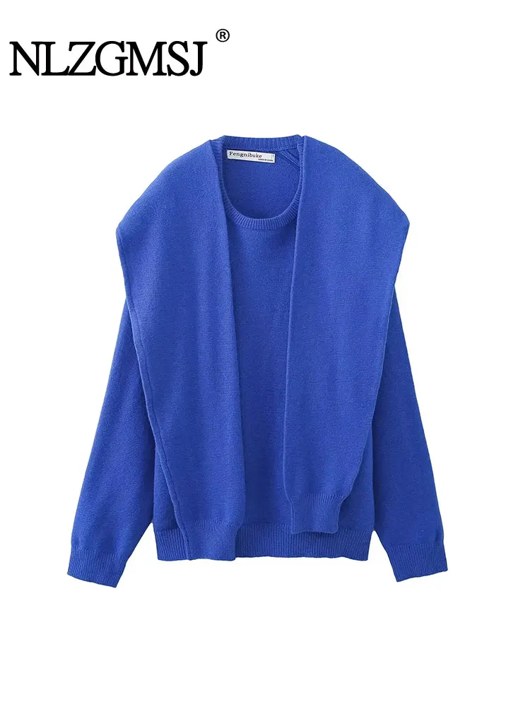 TRAF 2024 Autumn Winter Pullover New Women\'s Fashion Versatile Blue Knotted Style Sweater