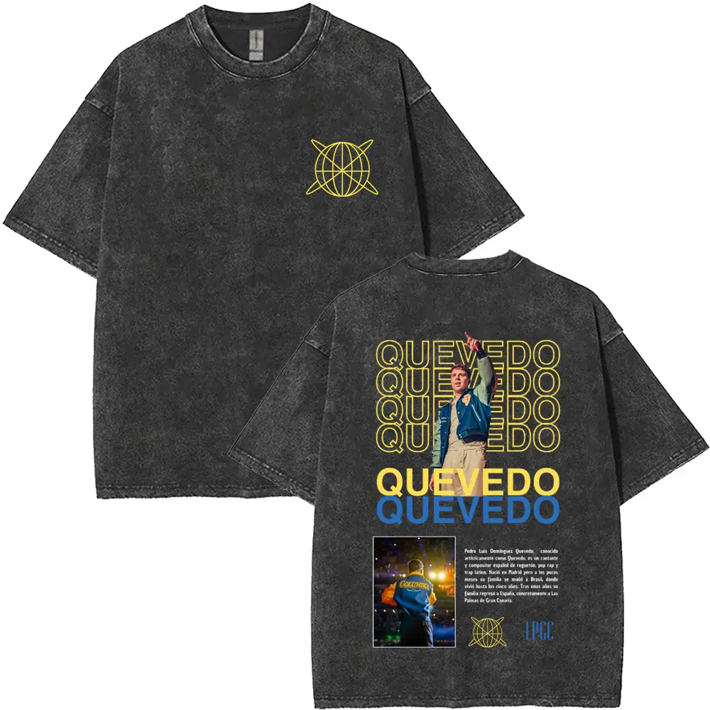 Singer Quevedo Buenas Noches Tour Washed T-shirts Men Women Fashion Vintage Oversized T Shirt Harajuku Cotton Tshirt Y2K Clothes
