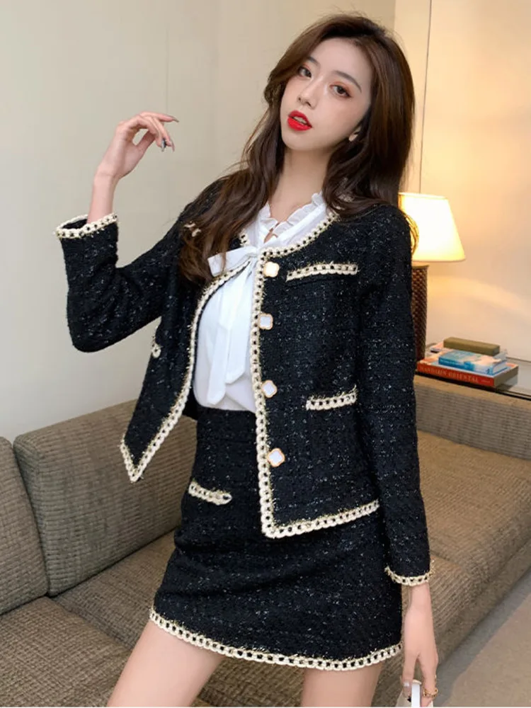 Elegant Women\'s Tweed Suits 2 Piece Sets Fashion Single-Breasted Black Coat + A-Line Short Skirt Women Clothing Sets