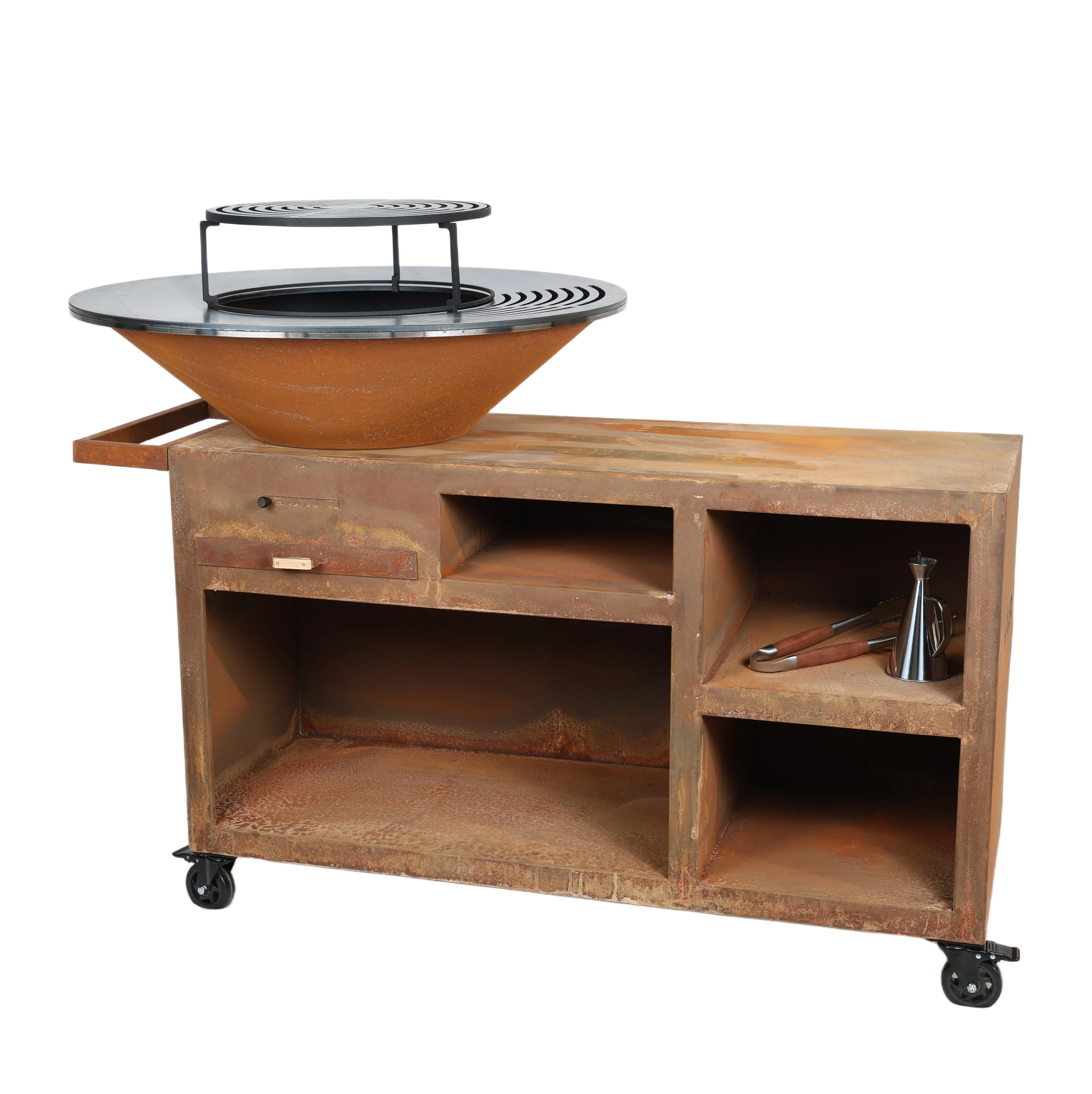 Wholesale Multi Function Outdoor Brazier BBQ Grill Rust Corten Steel With Wood Storage Cooking Plancha Griddle For Garden Patio
