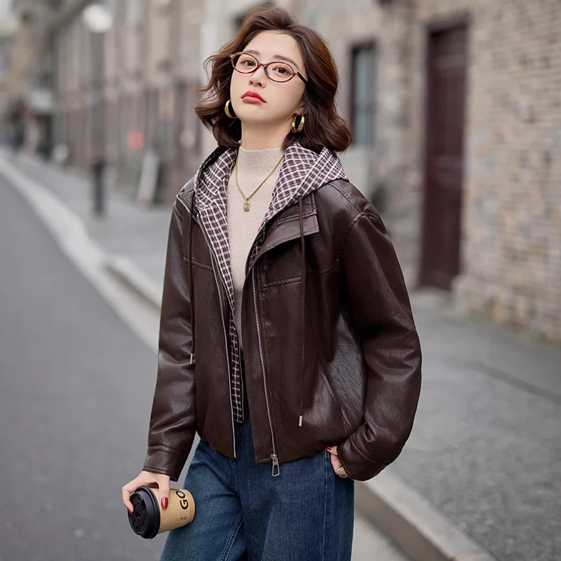 

New Women Autumn Winter Velvet Liner Jacket Fashion Plaid Hooded Loose Casual Thick Short Coat PU Leather Daily Warm Jacket
