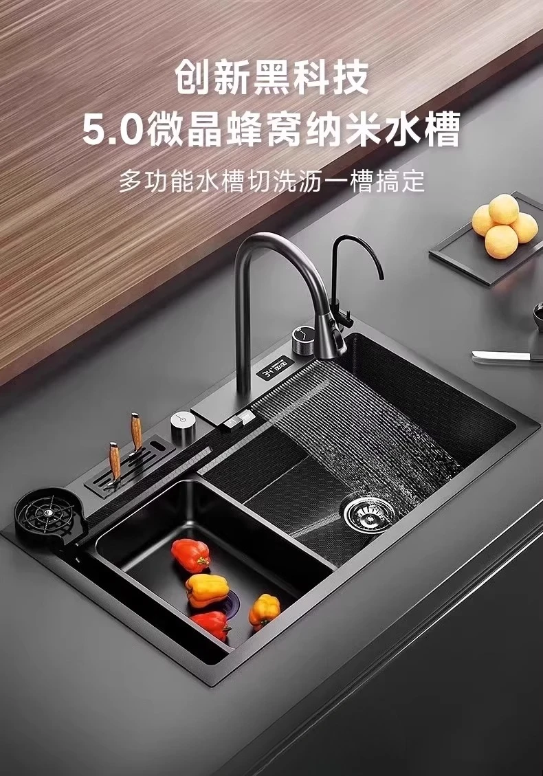 Pulsante lavello cascata da cucina in acciaio inossidabile SUS304, display digitale, grande slot singolo