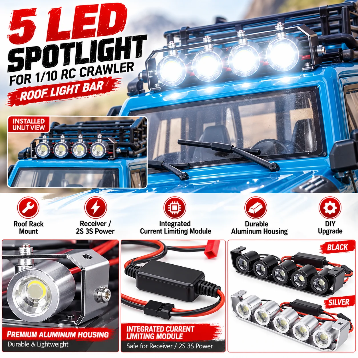 1/10 RC Crawler 5 LED 3W RC Headlight Spotlight LEDS Roof Lamp Light Bar for 1:10 RC Axial SCX10 90046 D90 TRX4 TRX6 DIY Parts