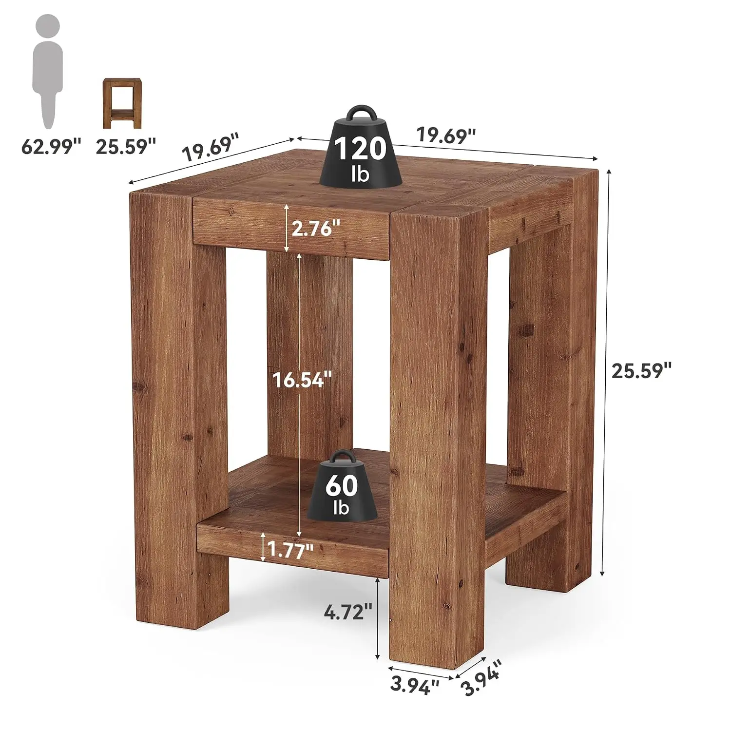 Solid Wood 2-Tier End Table With Storage Shelves For Living Room & Bedroom, Rustic Brown, Customized