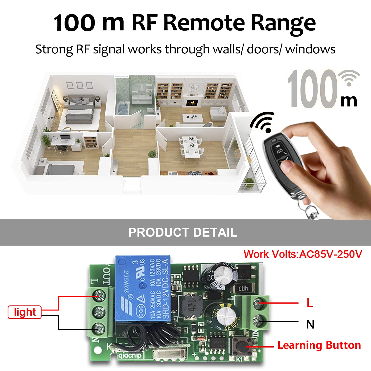 QIACHIP Wall Remote Control Switch 433 Mhz Wireless RF Transmitter AC 220V 12V 100V 110V Receiver For Smart Home Lights Switches