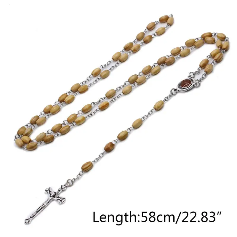 367A Handmade Round Bead Catholic Rosary for Cross Religious Wood Beads Necklace Gift