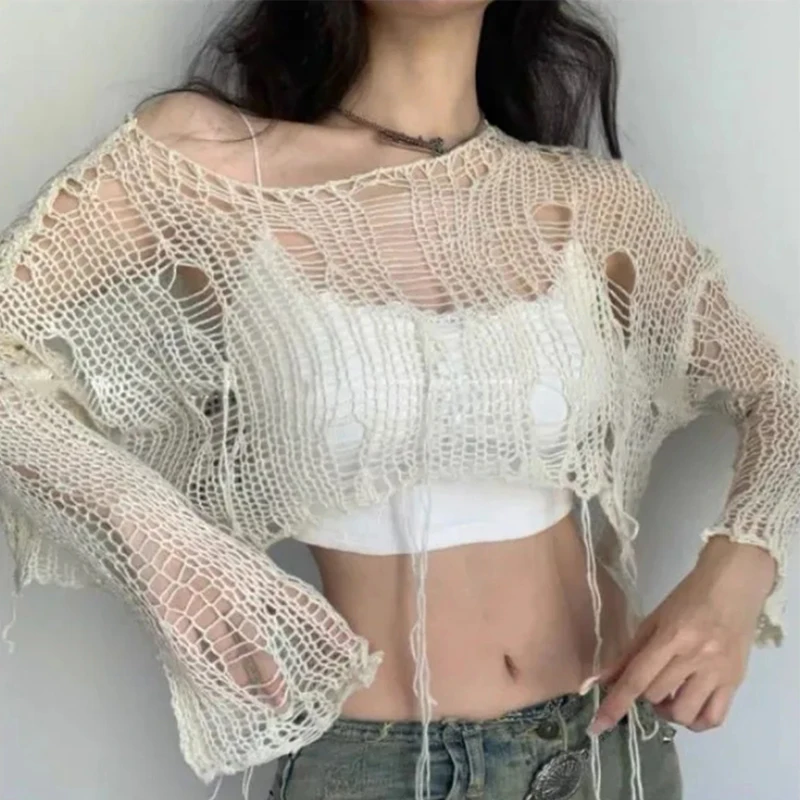 Y2k Cropped Hole Sweater Sexy Gyaru Hollow Out Knit Pullovers Goth Korean Long Sleeve Jumper Summer Fashion Sheer Knitwears Tops