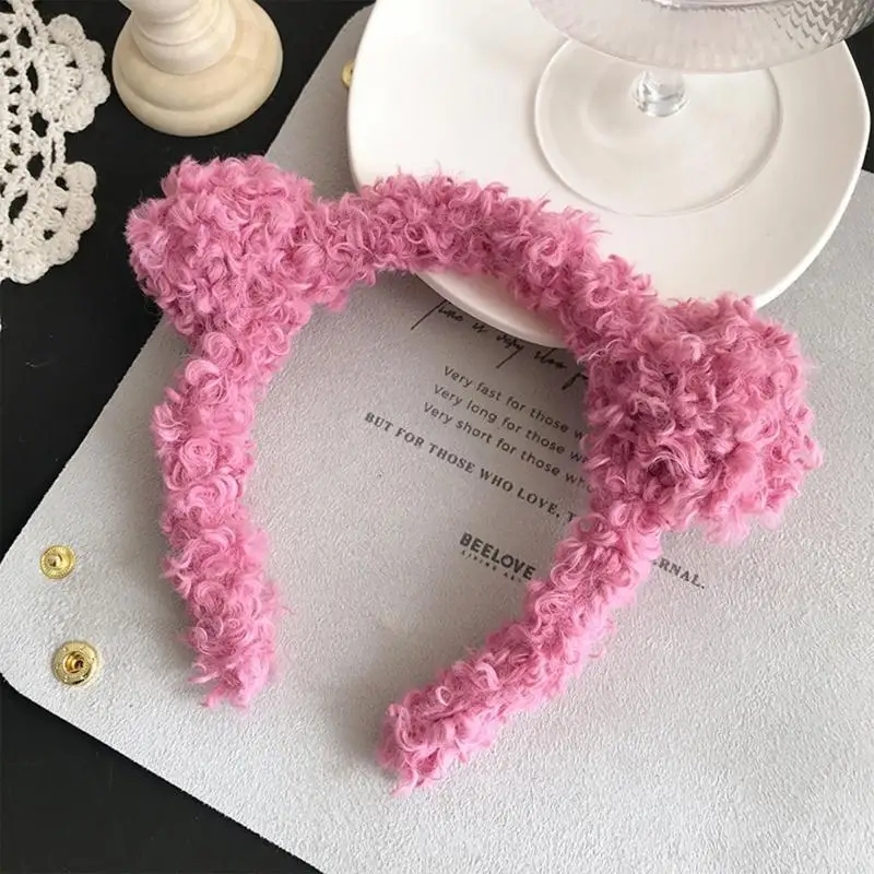 

Y88A Women Girls Cartoon Bear Ears Headband Winter Thicken Fuzzy Plush Candy Color Hair Hoop Makeup Wash Face Headpiece