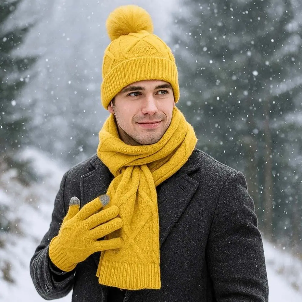 Yarmulke Elastic Scarf and Hat Set Touch Screen Warm Cold Proof Gloves Solid Color Soft Woolen Hat Daily