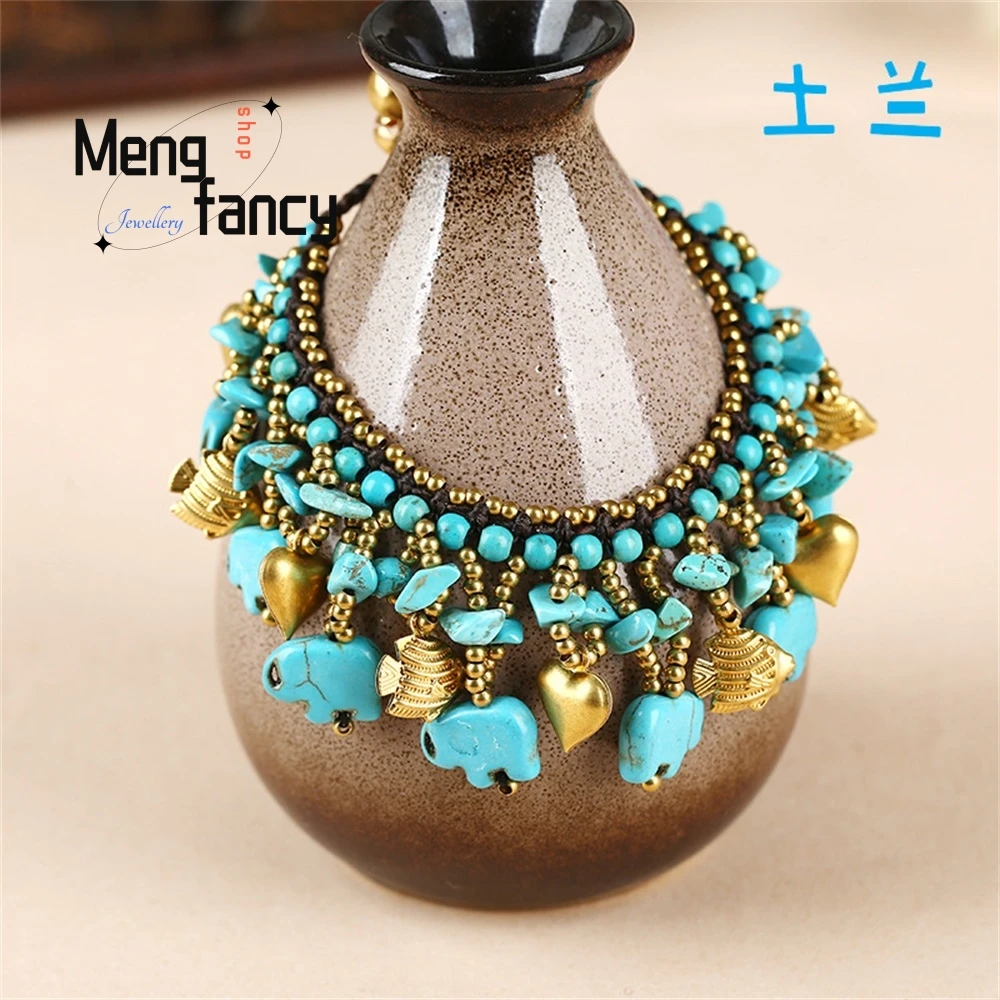 

Turquoise Copper Accessory, Wax Thread Woven Elephant Pendant, Ethnic Style Bracelet, Niche Bohemian Style Jewelry Best Selling