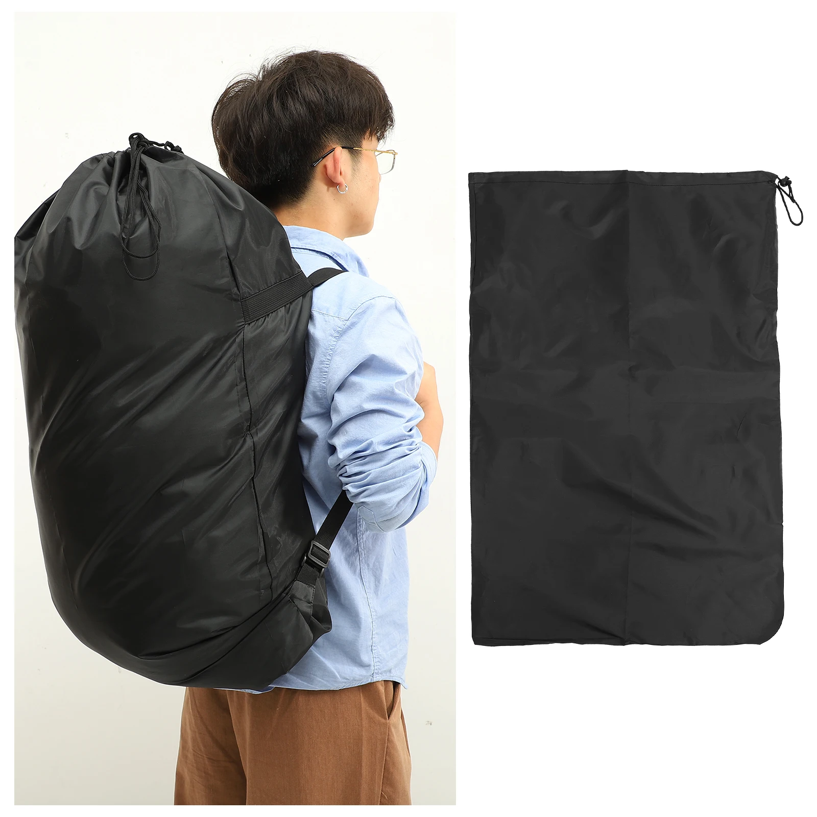 

Polyester Laundry Storage Bags Drawstring Shoulder Black Student Travel Dirty Clothes Organizer Water Resistant